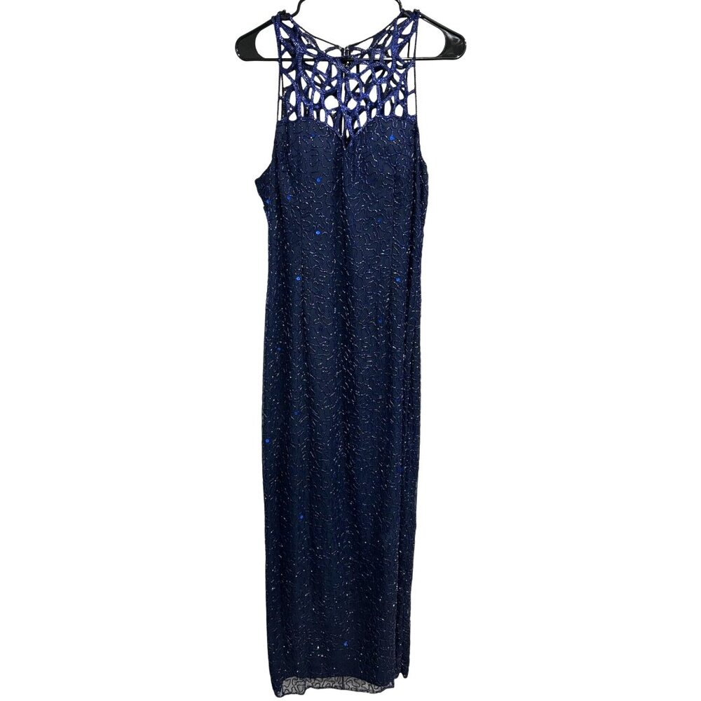 Scala Navy Beaded Silk Evening Gown Caged Yoke Bodice Floor Length Skirt Sz XXL